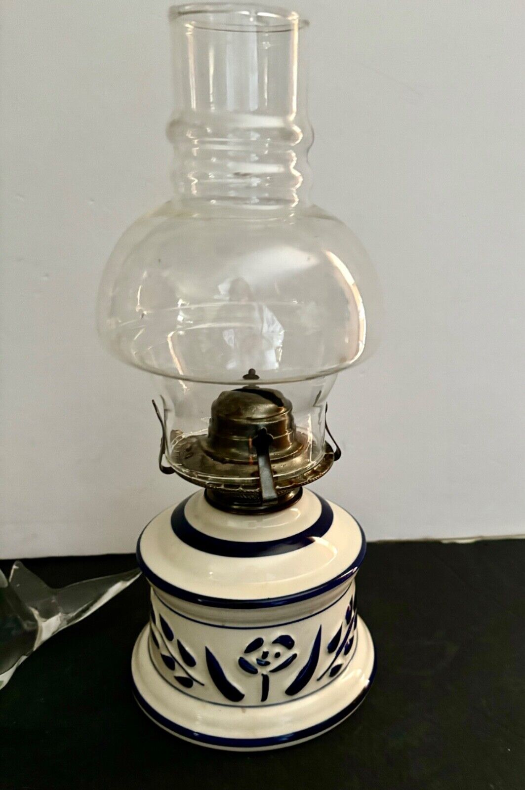 Vintage Lamplight Farms Ceramic  Oil Lamp White And Blue