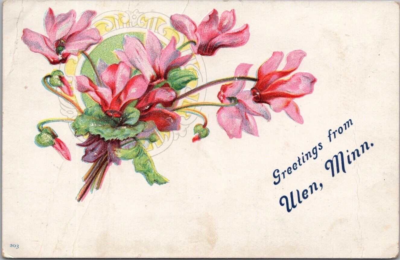 Vintage ULEN Minnesota Embossed Greetings Postcard Pink Flowers / 1909 Cancel