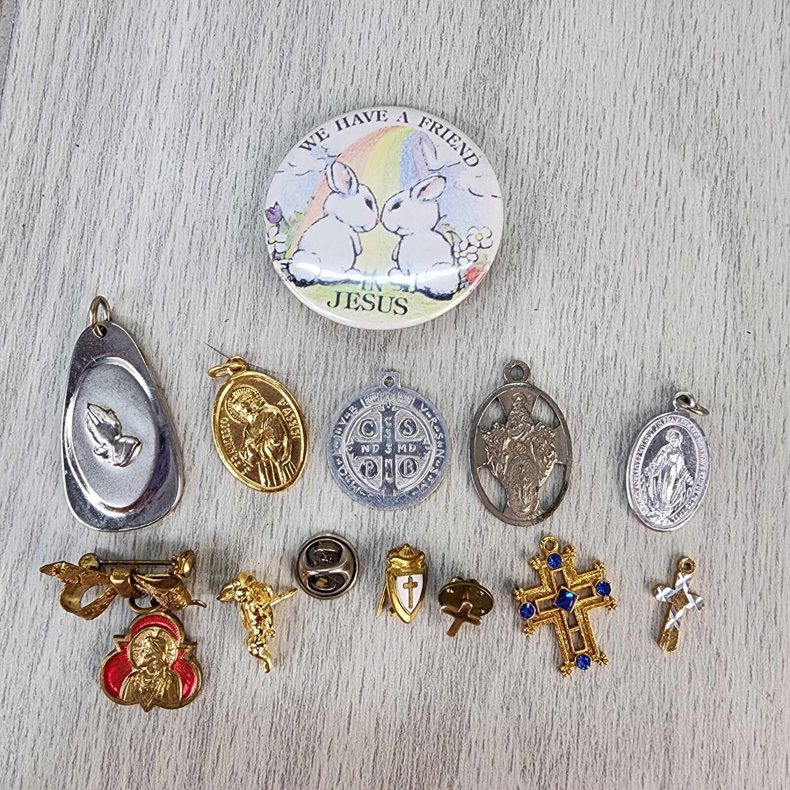Vintage 12 Religious Charms Pendants Pins Mary Jesus Crosses Angels St Francesco