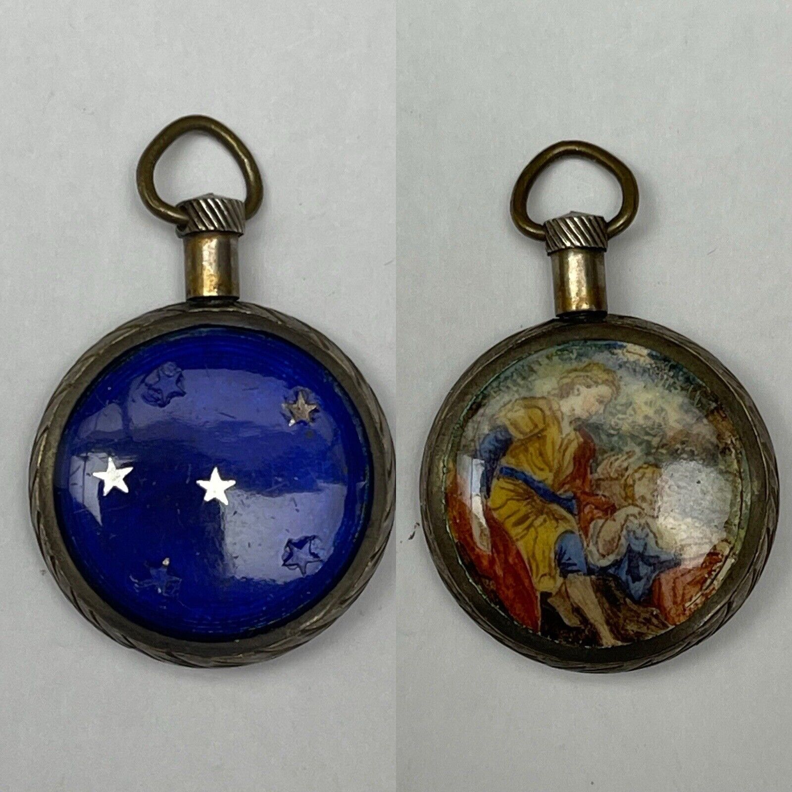 Antique Double Sided Perfume (?) Pendant Enamel & Painting 1” Silver With Brass
