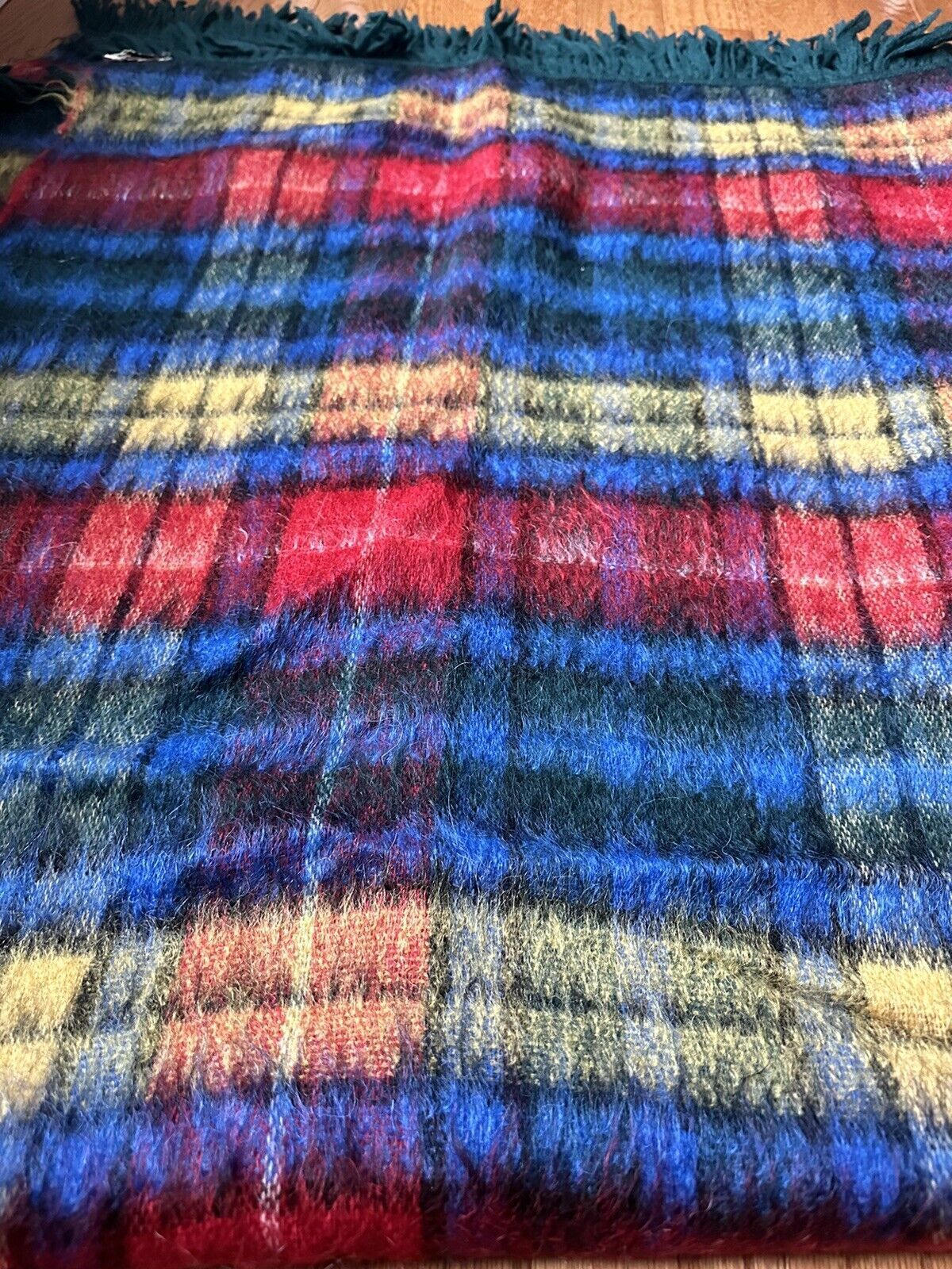 VINTAGE Andrew Stewart MOHAIR Blanket Throw Scotland Wool 60x75” Fringed Blue
