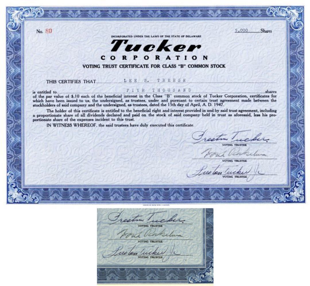 Tucker Corporation signed by Preston Tucker and Preston Tucker Junior - 1947 dat