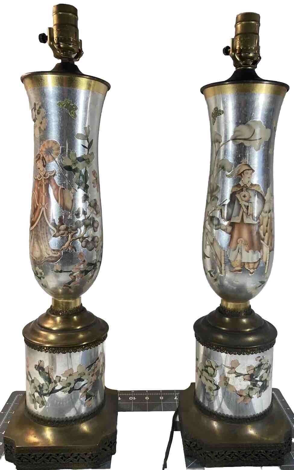 Rare Pair Hollywood Regency Chinoiserie Reverse Painted Lamps Eglomise Japan