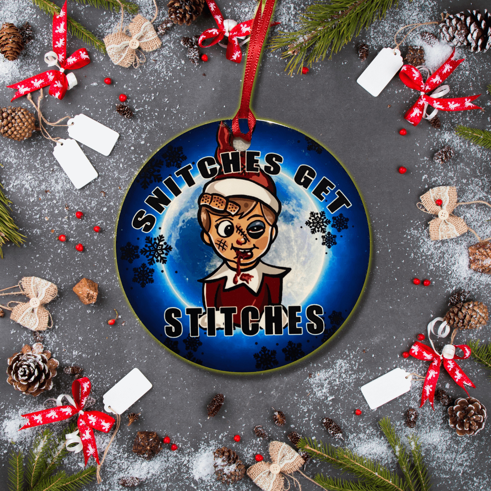 Snitches Get Stitches Funny Christmas Ornament