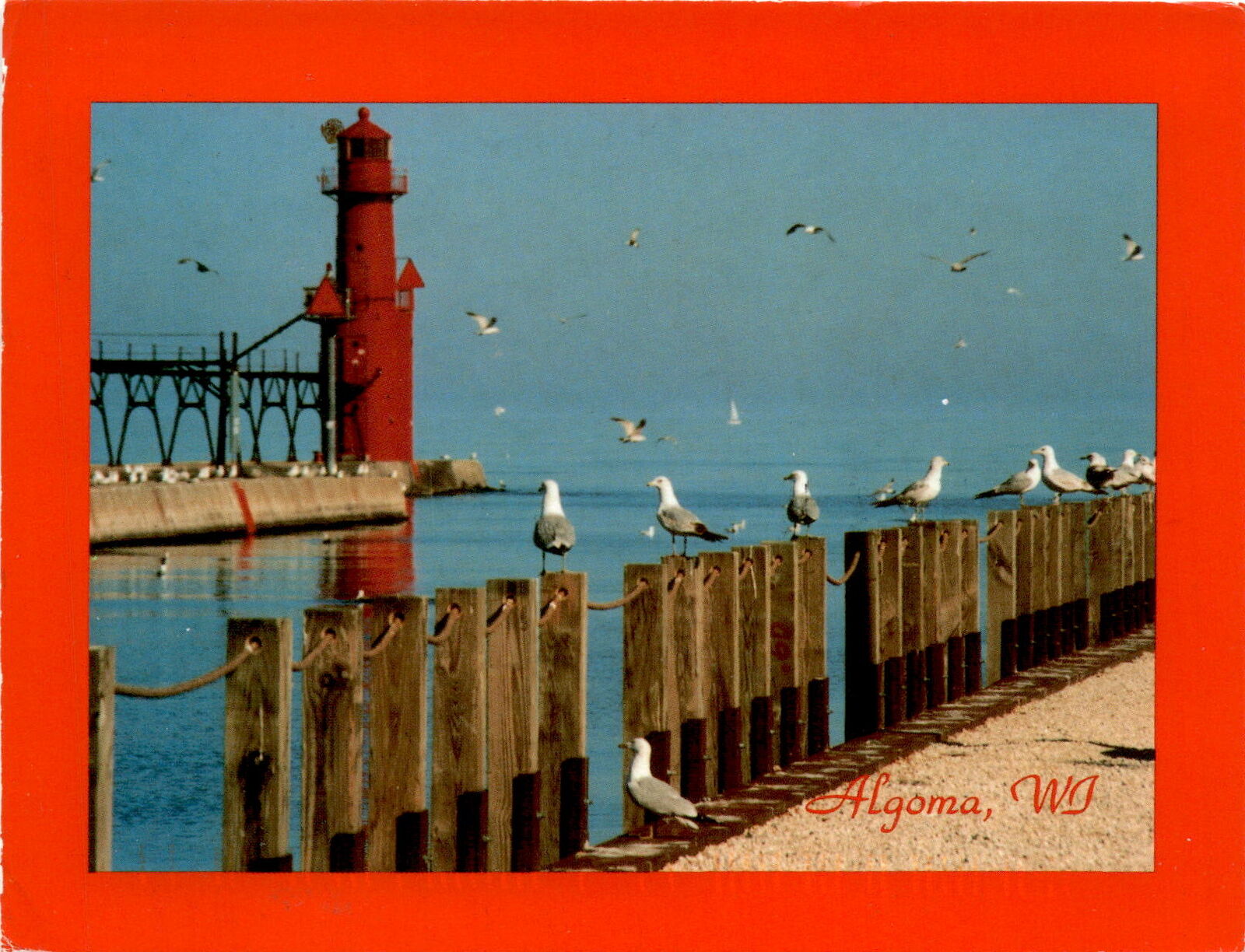 Algoma, Wisconsin, Lake Michigan, seagulls, lighthouse, Mike Leist, fog Postcard