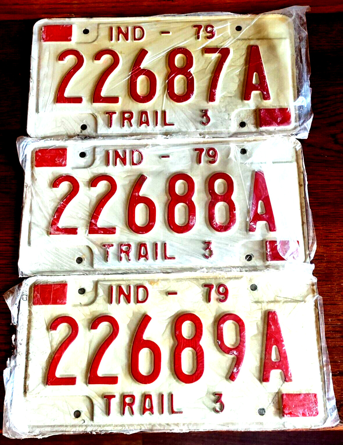 3 Consecutive Indiana 1979 Red White Expired License Plate Tags Trail 3 Trailer