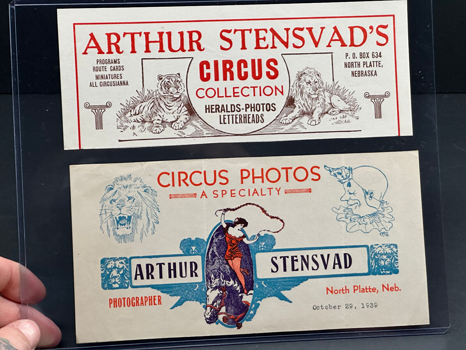 Pair (x2) 1930's Arthur Stensvad Circus letterhead photos North platte Nebraska