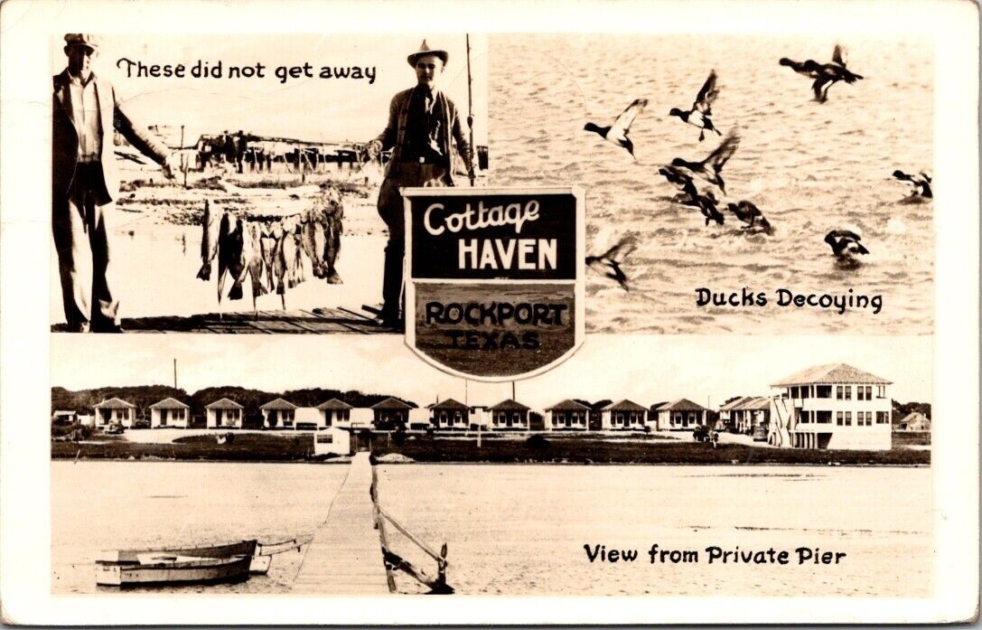 Rockport Texas TX Cottage Haven Multiview RPPC Photo Postcard Fishing Ducks Pier