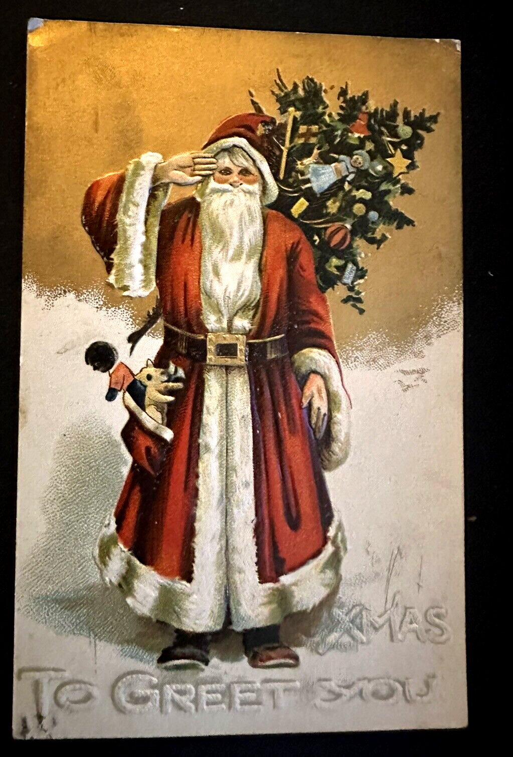 Long Red Robe Santa Claus Salutes with Tree~Doll~Antique Christmas Postcard~k524