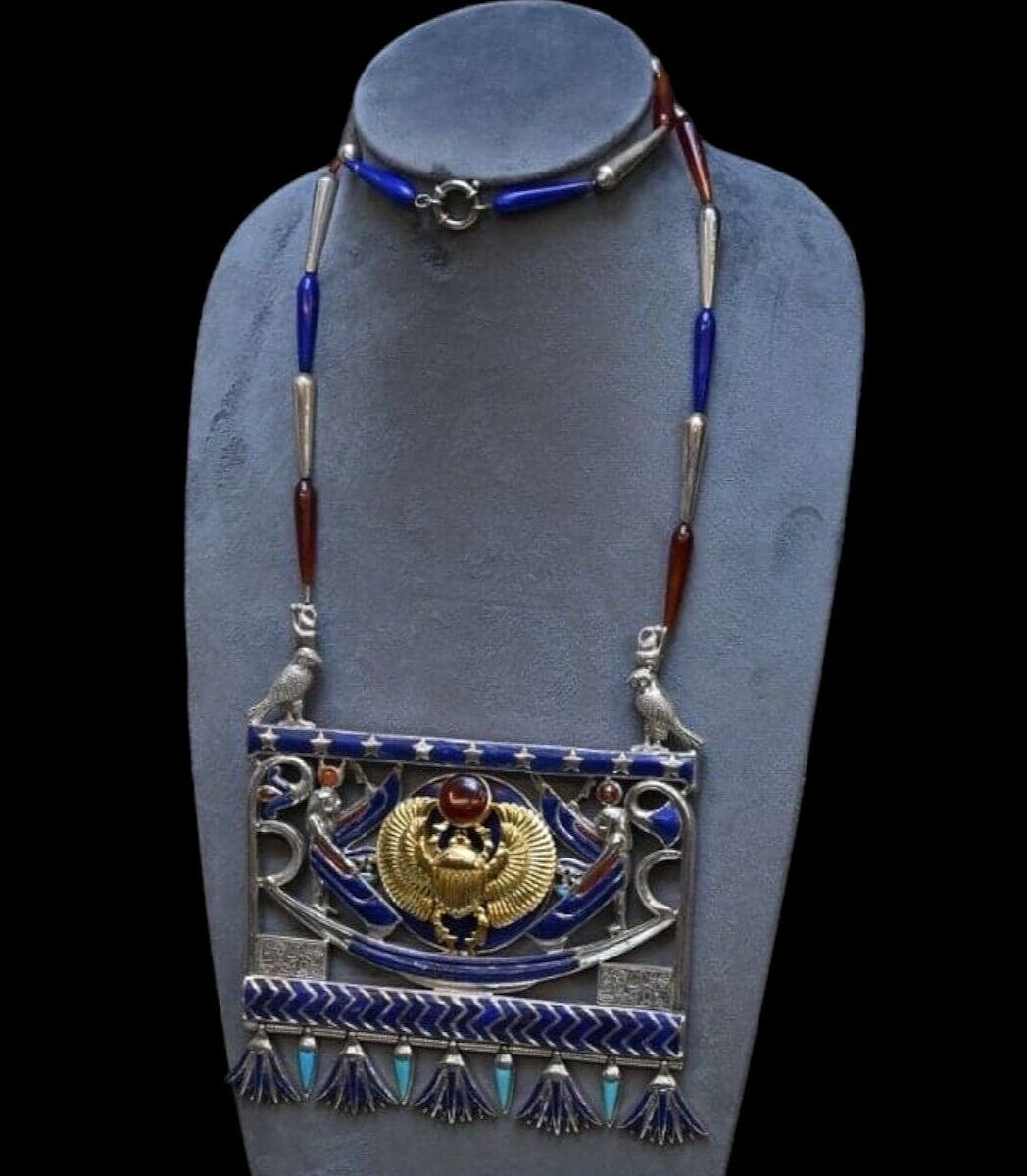 Rare Egyptian King Tutankhamun Necklace Of Silver and Gemstone & Golden Scarab