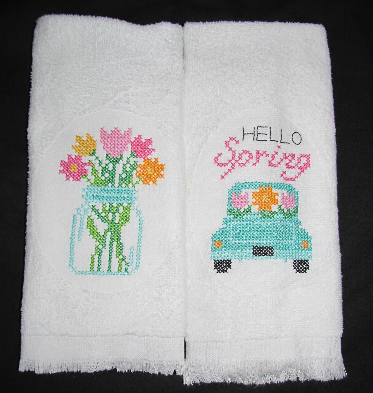 Finished Completed Cross Stitched Terry Towels Spring Floral Hand Stitched