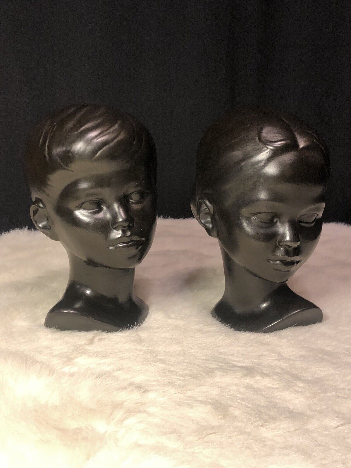 Pr Vintage Mid Century Ceramic Children Busts Heads Holland Mold Co. Blk-Bronze