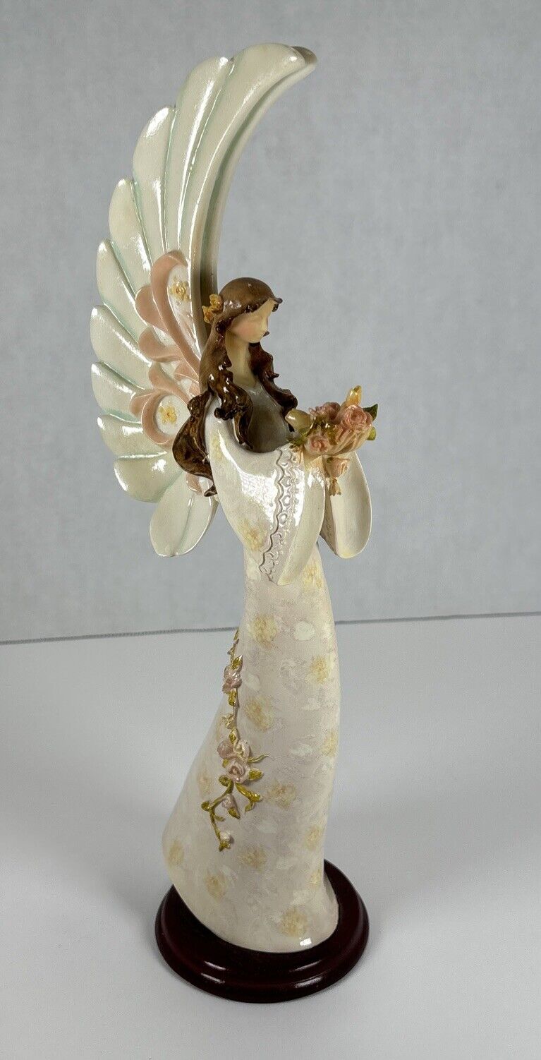 Angel Statue 12.5\'\' H Holding Flowers  With Curved Wings Resin Wood Base Angelic