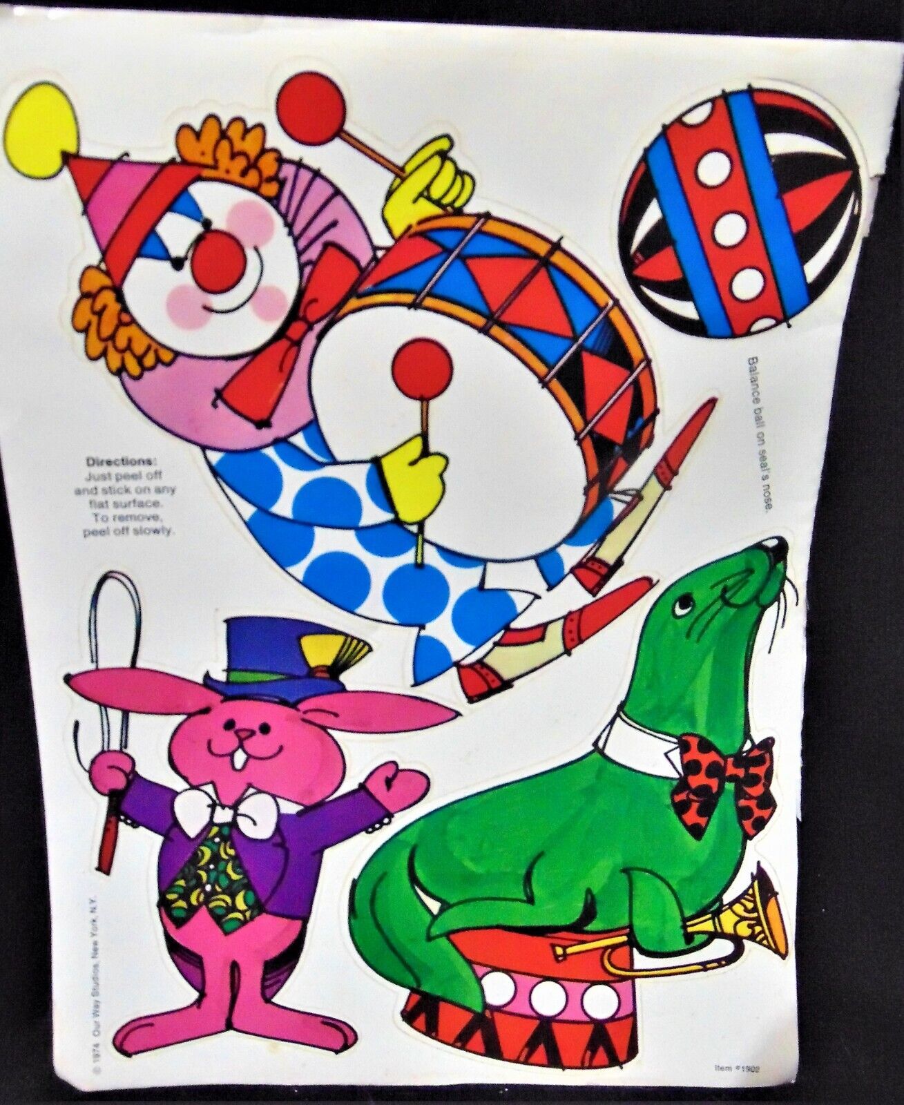 Vintage Circus Stick-Ons 1974 Large Stickers Our Way Studios Seal Bunny 10x13\