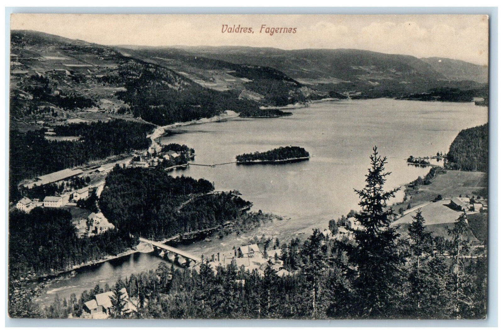 c1910 Valdres Fagernes Norway Aerial View of River Trees Buildings Postcard