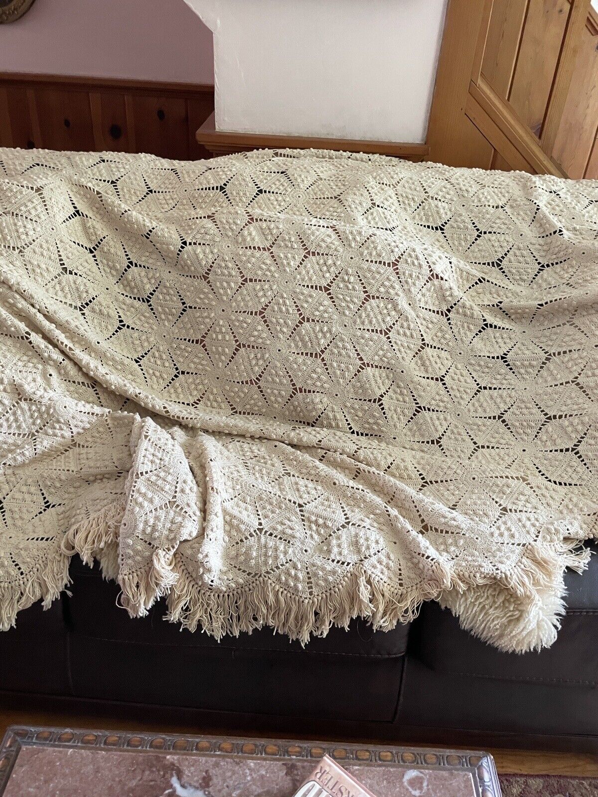 Gorgeous Vintage Hand Crochet Fringed Handmade Bed Spread  72” X 102”