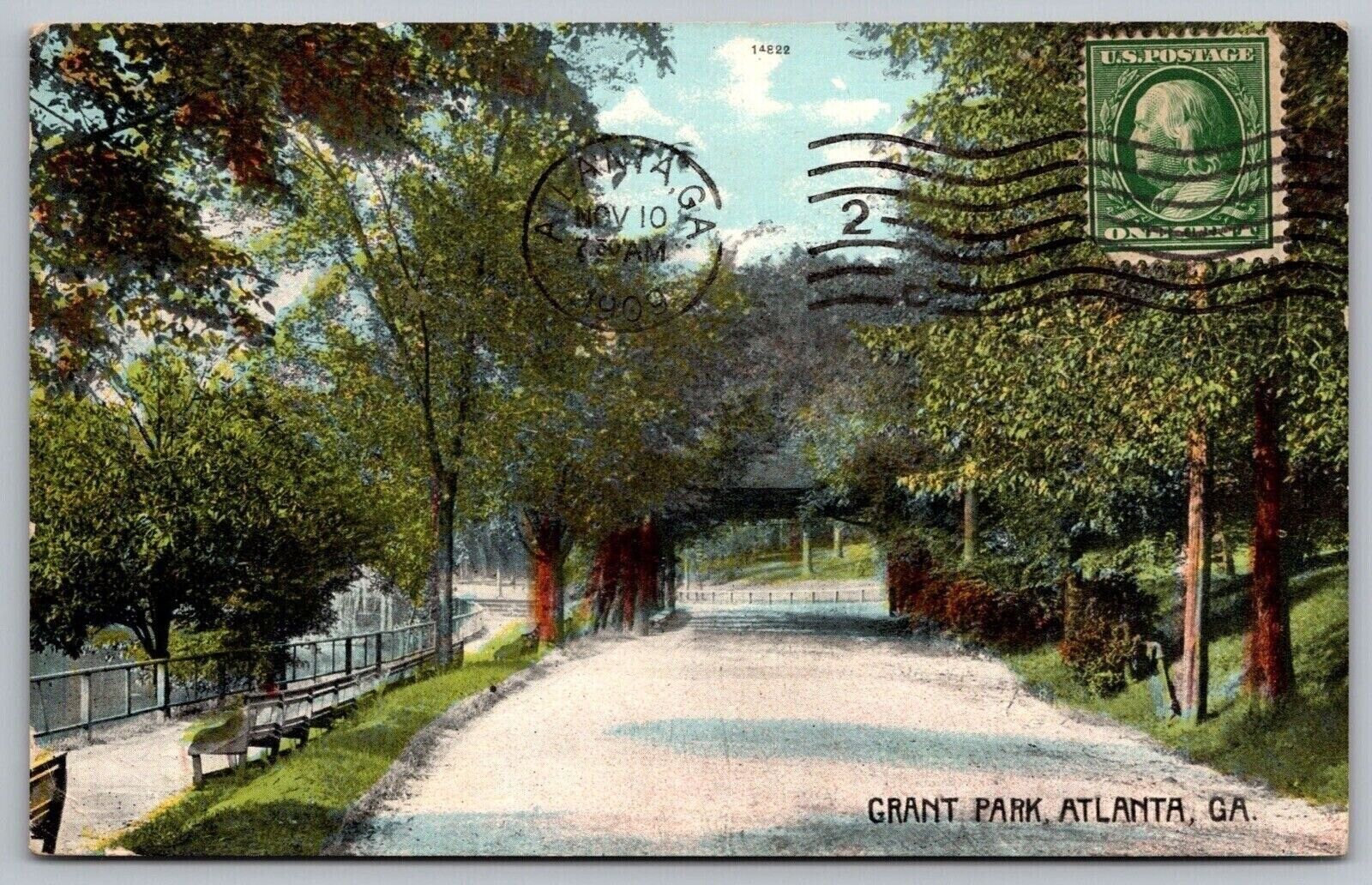 Grant Park Atlanta Georgia GA Street View Cancel 1909 Antique WOB PM Postcard