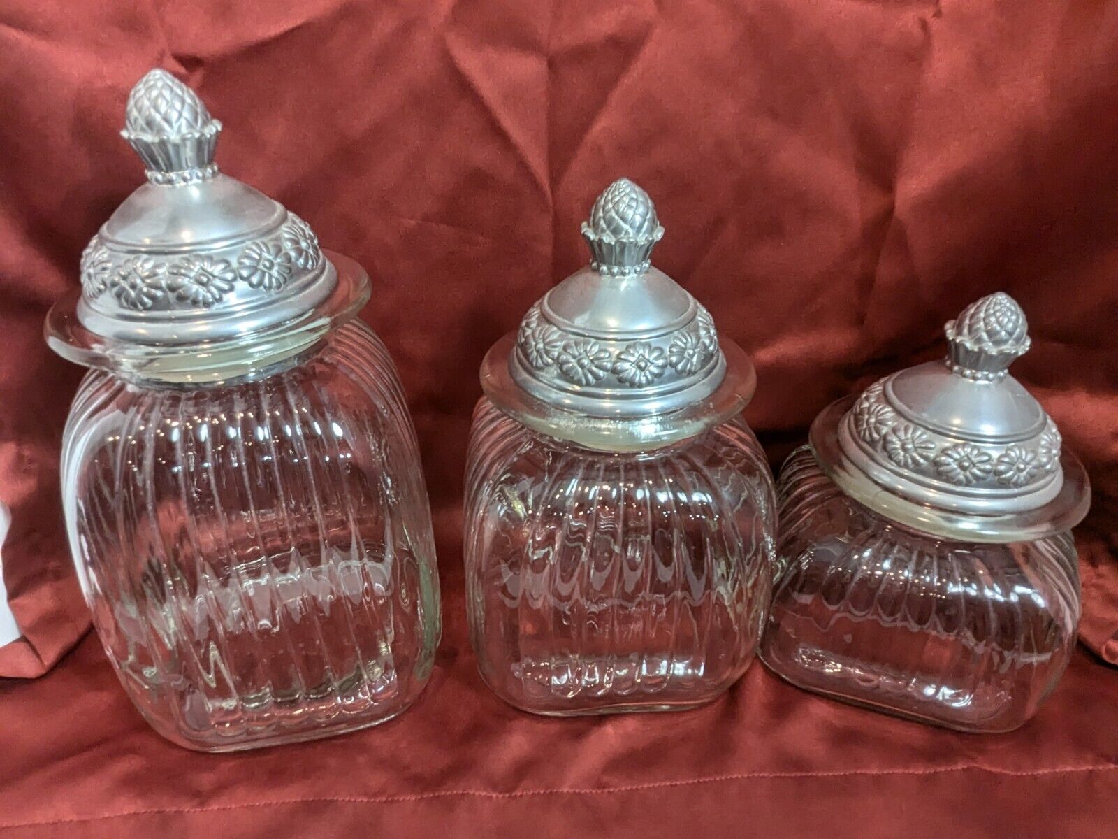 Vintage 3 Clear Artland Ribbed Apothecary Jar Canister Silver Tone Lids