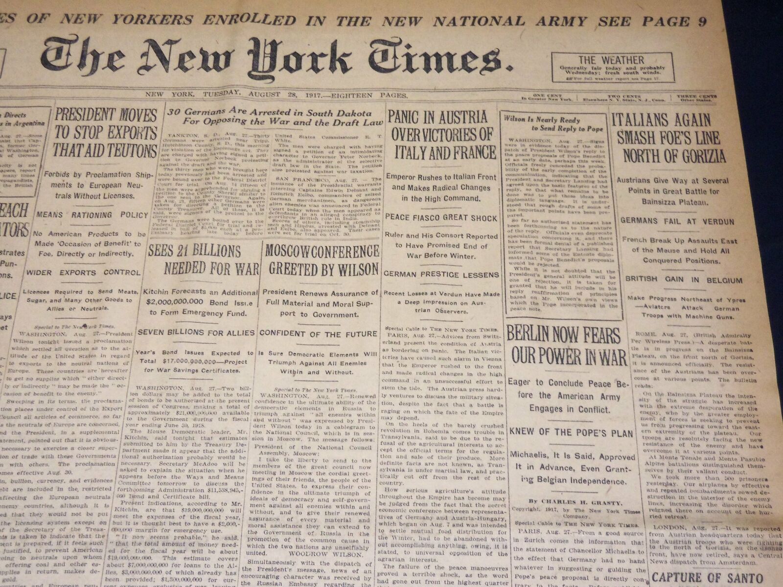 1917 AUGUST 28 NEW YORK TIMES - ITALIANS SMASH LINE AT GORIZIA - NT 8518