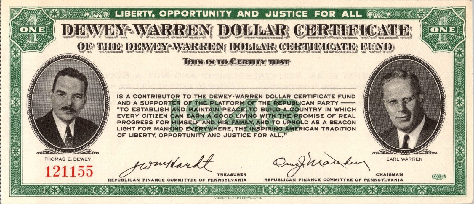1948 DEWEY-WARREN Dollar Certificate Fun Monet Presidential CLEAN Collectible