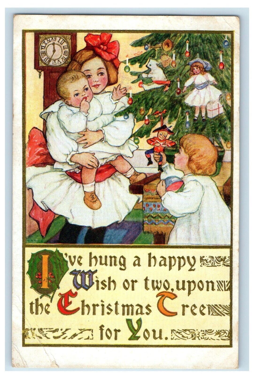 c1910's Christmas Tree Mother And Daughter Gift Toy Clock Embossed Postcard