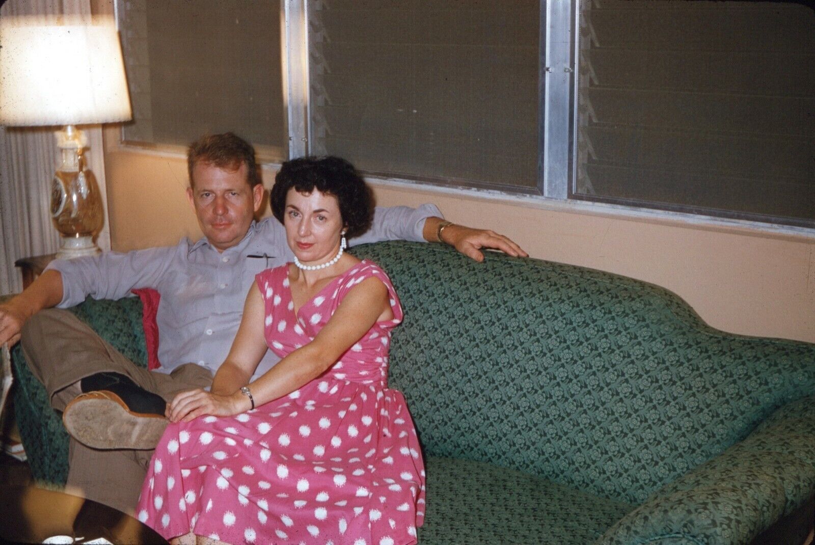 1950s Young Couple on Couch Pearls Polk Dot Dress Vintage 35mm Red Border Slide