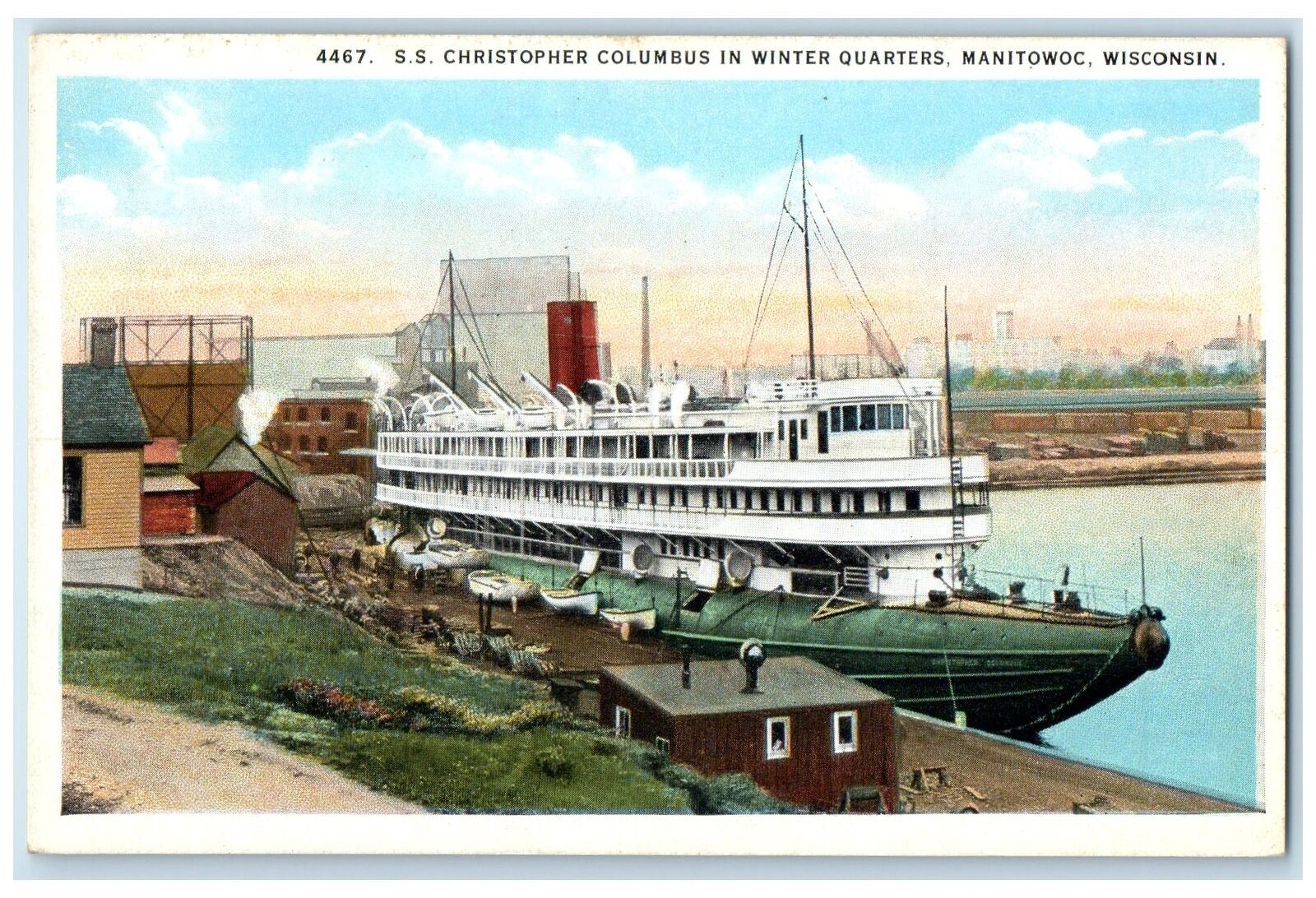 c1920's S.S. Christopher Columbus In Winter Quarters Manitowoc WI Boats Postcard