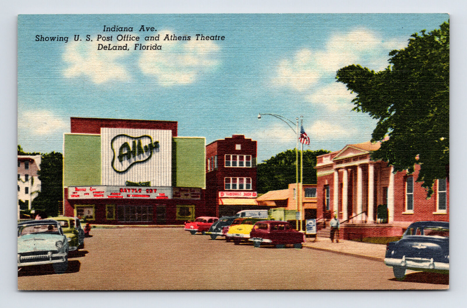 Linen Postcard DeLand FL Florida Indiana Ave. Athens Theater & Post Office Cars