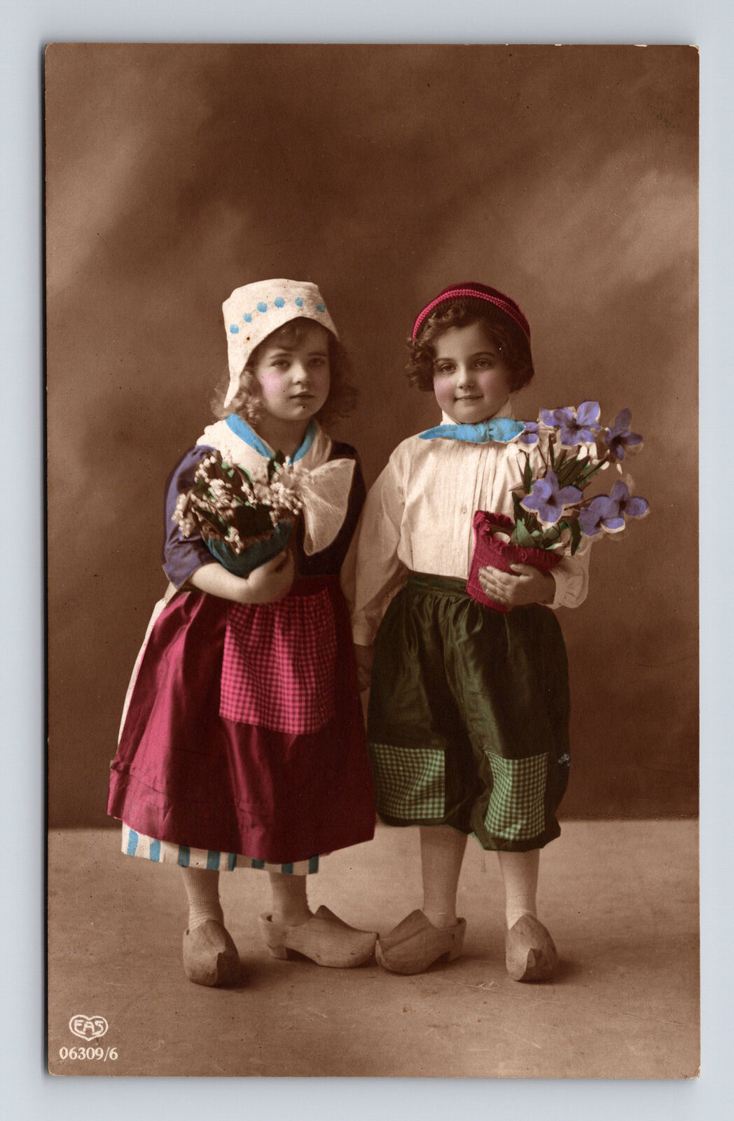 RPPC Hand Colored EAS Studio Portrait Dutch or German Children in Clogs Postcard
