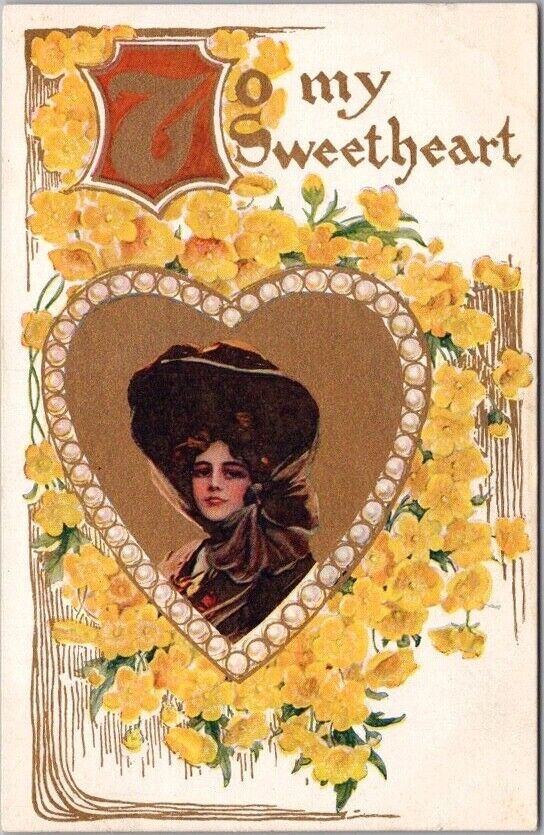 c1910s Pretty Lady / Romance Greetings Postcard 