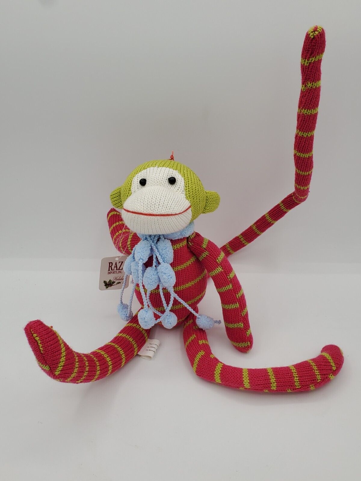 Raz Imports Yarn Sock Monkey Ornament Pink Green Bendable Limbs & Tail 12
