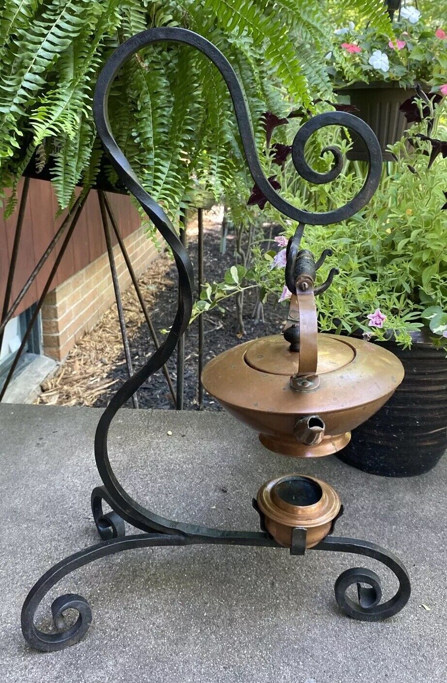 Antique 19th Century Copper Spirit Teapot Kettle Warmer Wrought Iron Stand