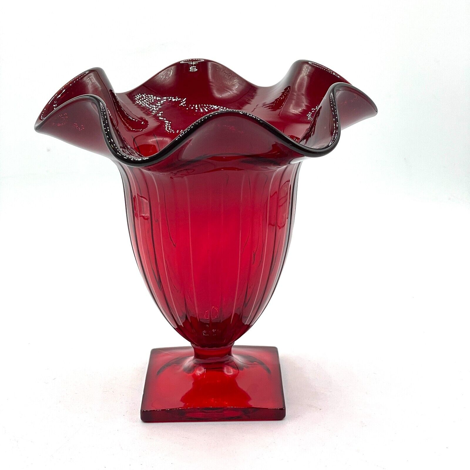 Vintage Handblown Cranberry Red Ruffle Flared Rim Paneled Footed Vase 6\