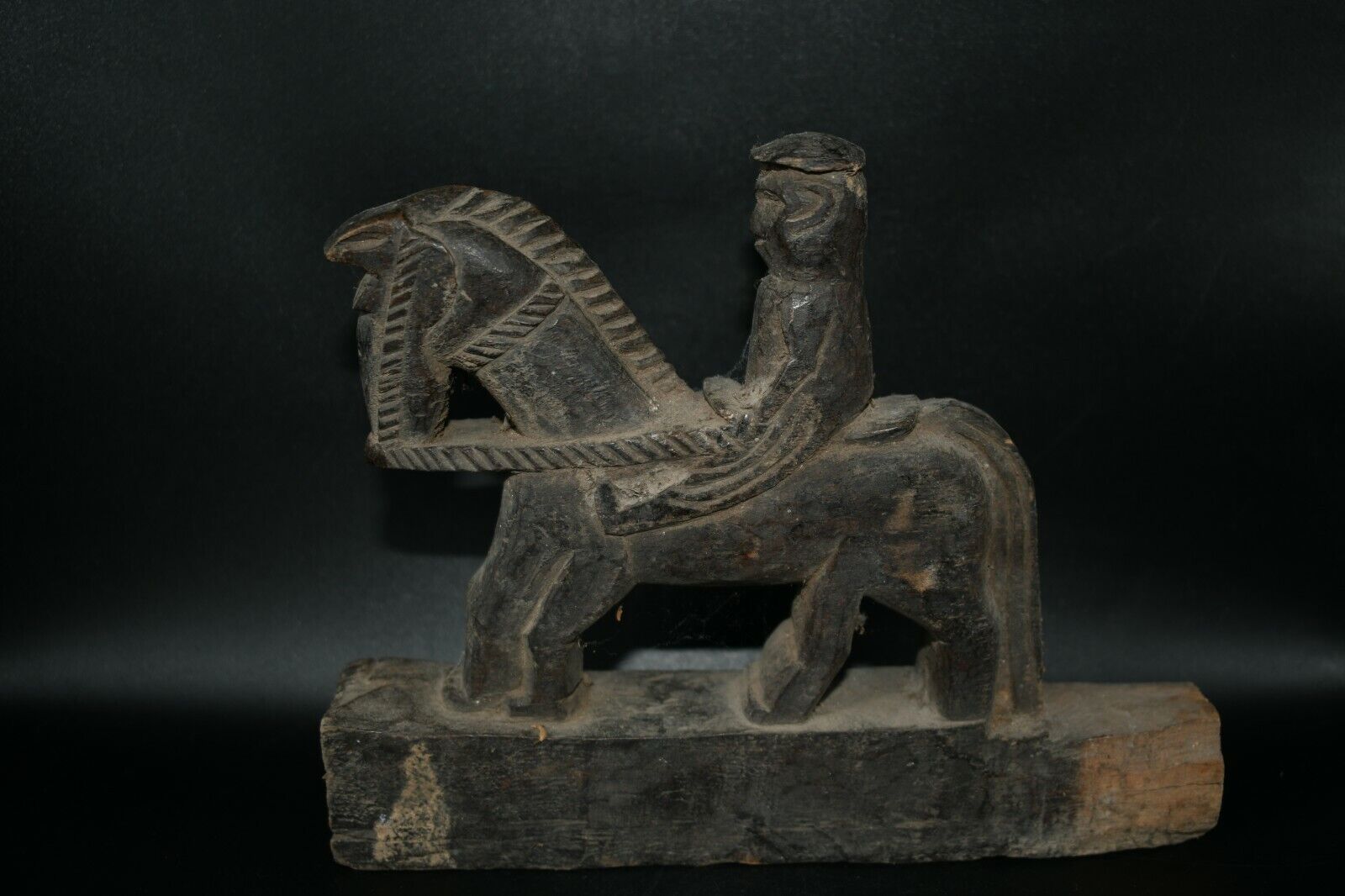 Authentic Ancient Sasanian Wooden Statue of a Horse Man Riding Horse