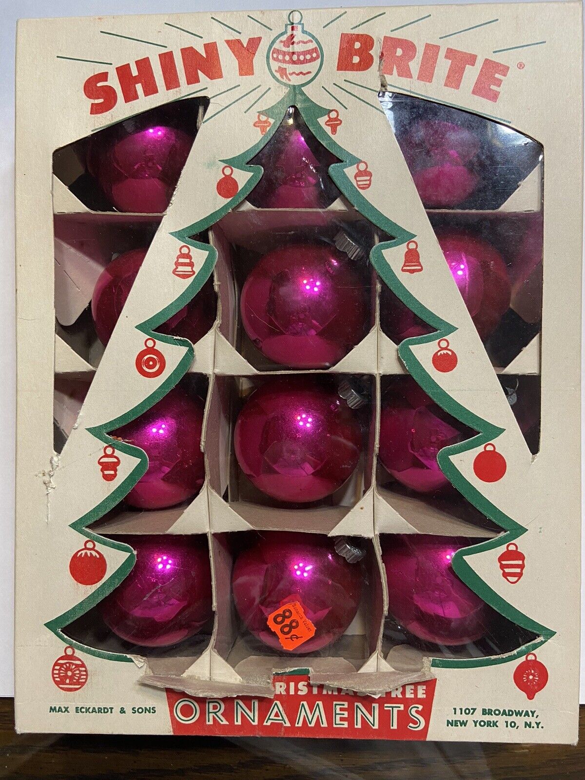 Vintage Shiny Brite Cerise Hot Pink Glass Christmas Ball Ornaments Set Of 12.