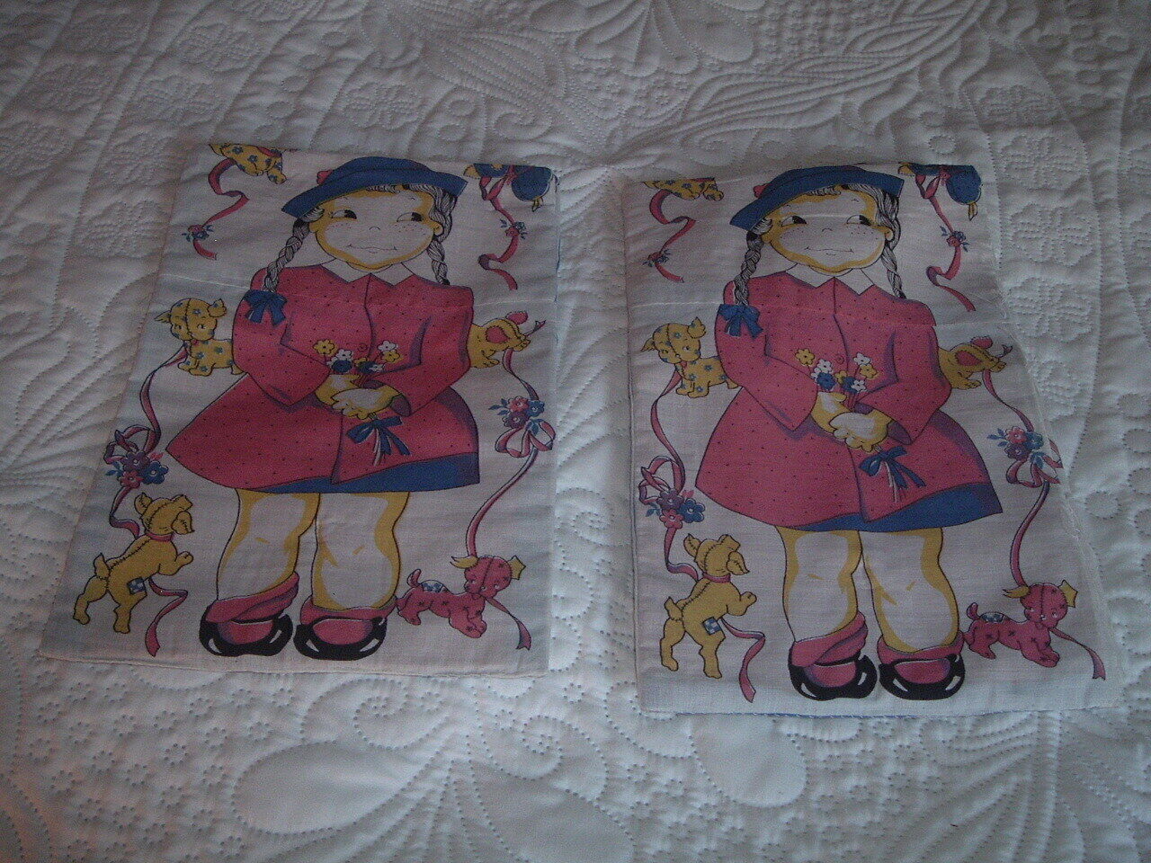 2 Vtg Lot 50s Little Girl in Pink with Puppies Front Back Quilt Blocks CUTE #PB7
