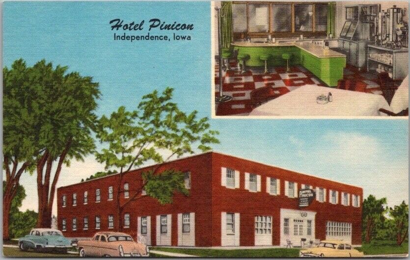 Independence, Iowa Postcard HOTEL PINICON Street & Restaurant View Linen c1950s