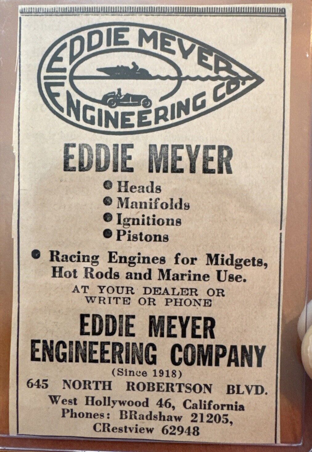 Vintage Auto Racing Magazine Ad -Eddie Meyer Engineering Company, West Hollywood