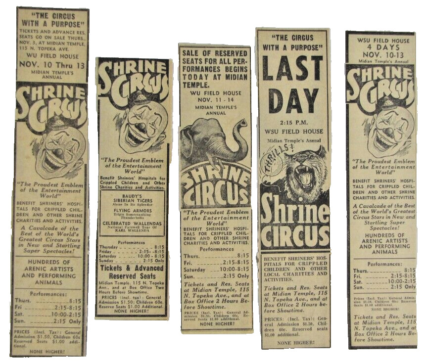 Vintage 1943-66 SHRINE CIRCUS Newspaper Print Ads