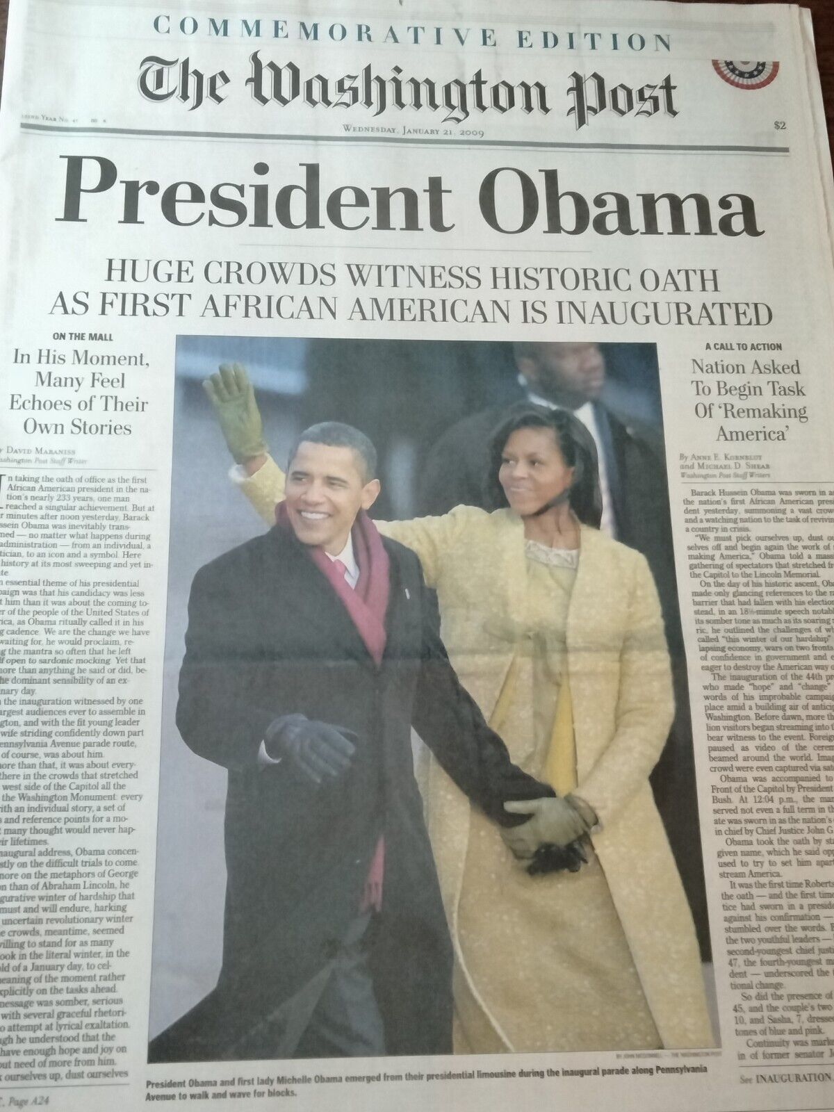 Newspapers- PRESIDENT OBAMA HUGE CROWDS WITNESS OATH,  COMMEMORATIVE EDITION 