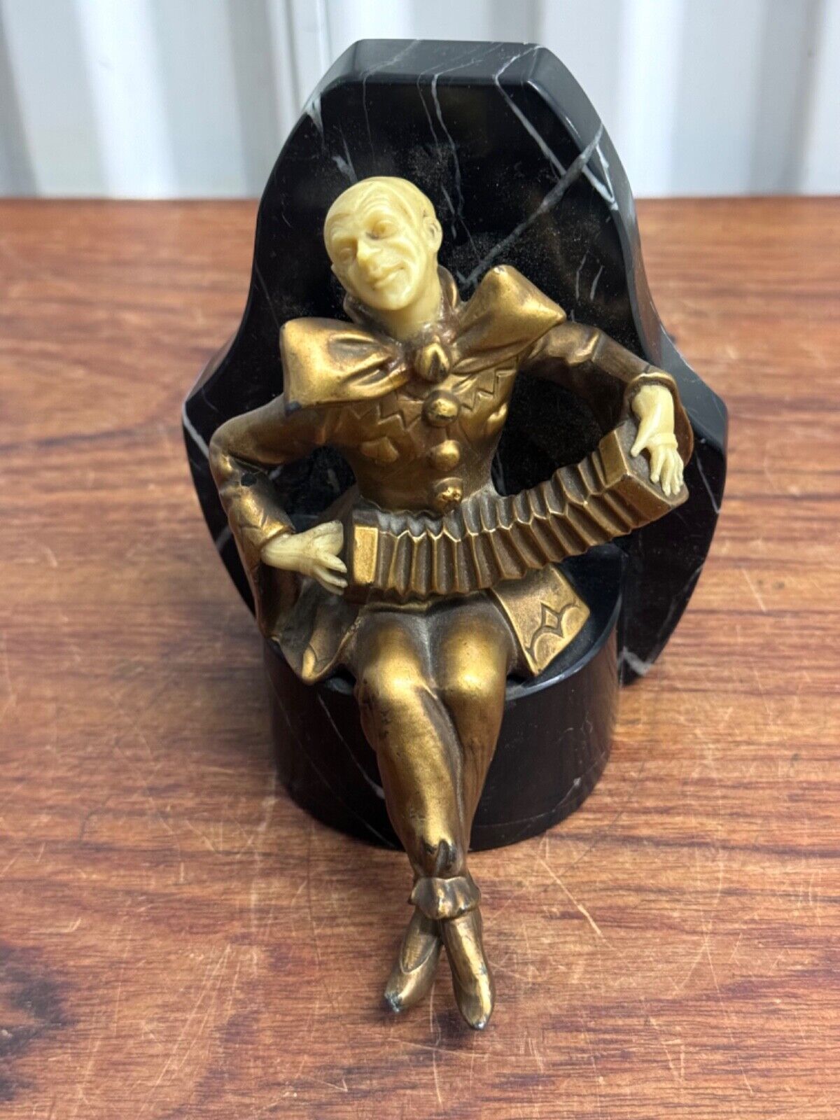 Vintage Art Deco 1930s Bronze & Resin On Marble Jester Musician Bookend