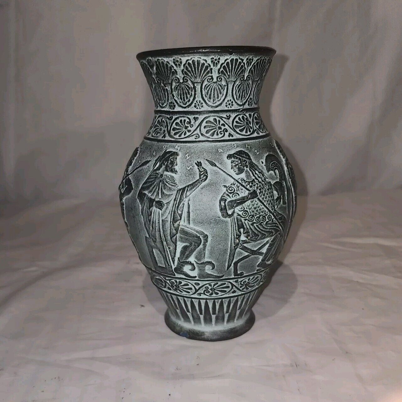Vintage Greek Pottery Vase 8x5 Figural Relief Design Greece Dark Green Folk Art