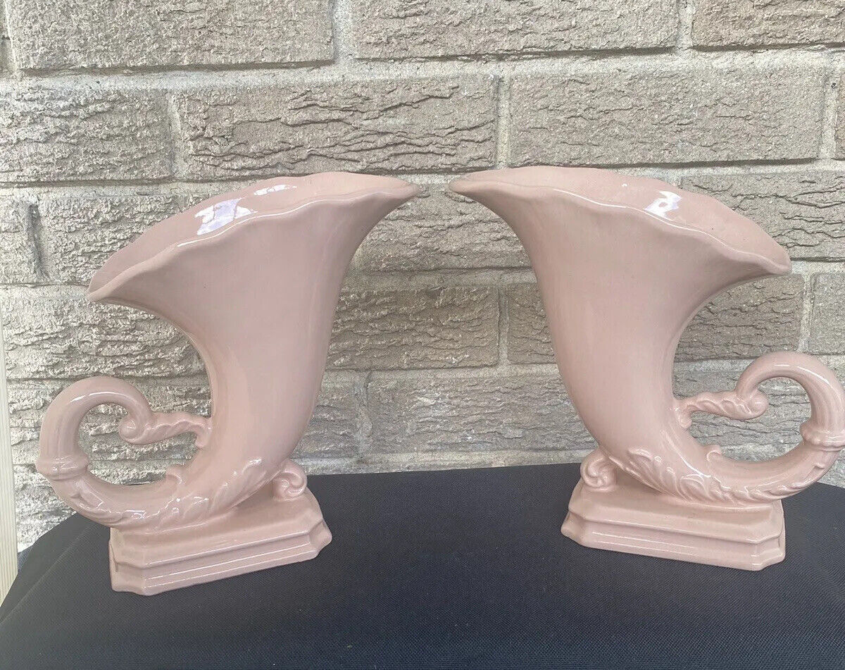 Pair / Lot 2 Vintage MCM Cornucopia Vase Mauve Pink “159” Excellent Condition