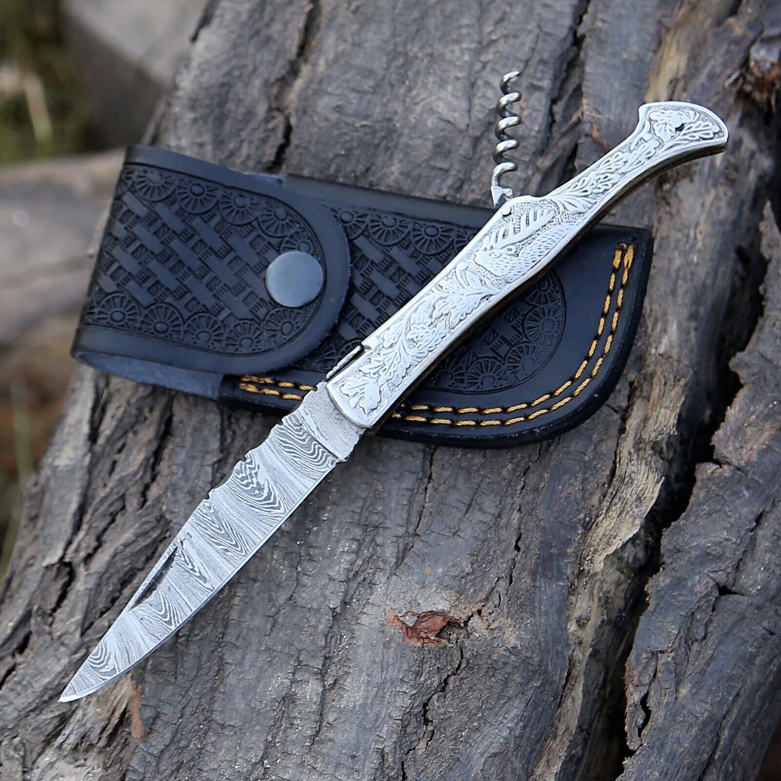 Damascus handmade laguiole Folding Knife Pocket knife camping Hunting Knife Pouc