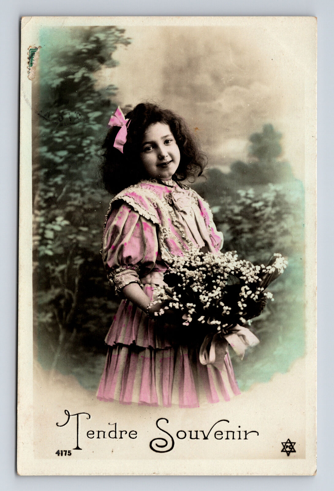 RPPC French Hand Colored Portrait of Young Flower Girl Tendre Souvenir Postcard