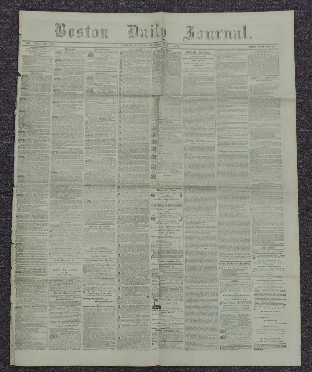 1861 Vol. XXIX No. 8726 Boston Daily Journal Artillery Parade Newspaper