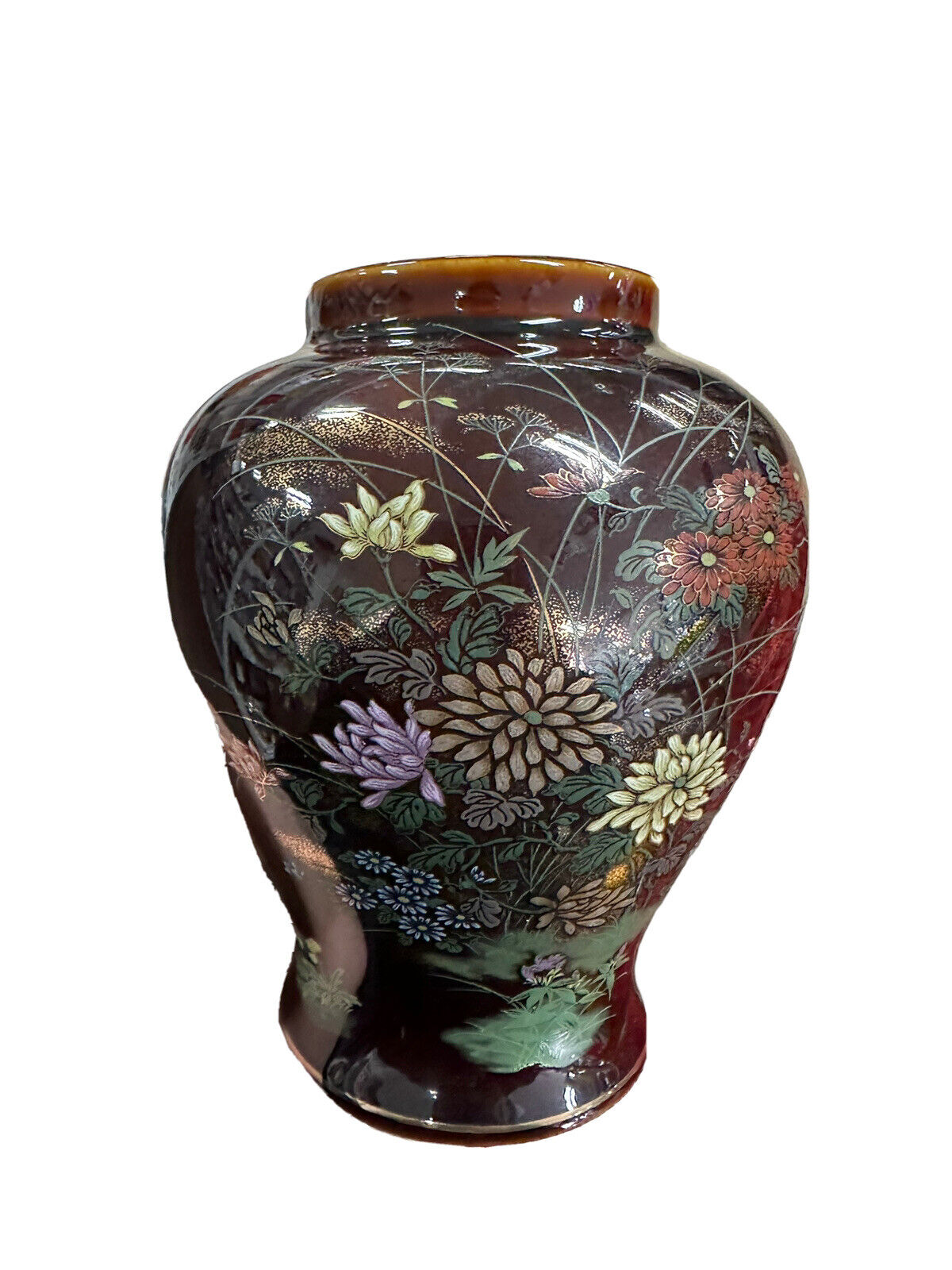 Vintage Japan Mahogany Vase Gold Tone trim Flowers & Birds Home Decor