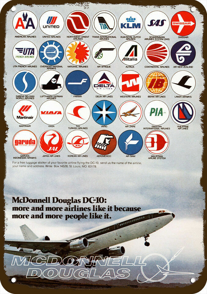 1975 McDONNELL DOUGLAS DC-10 JET Airline Logos  DECORATIVE REPLICA METAL SIGN