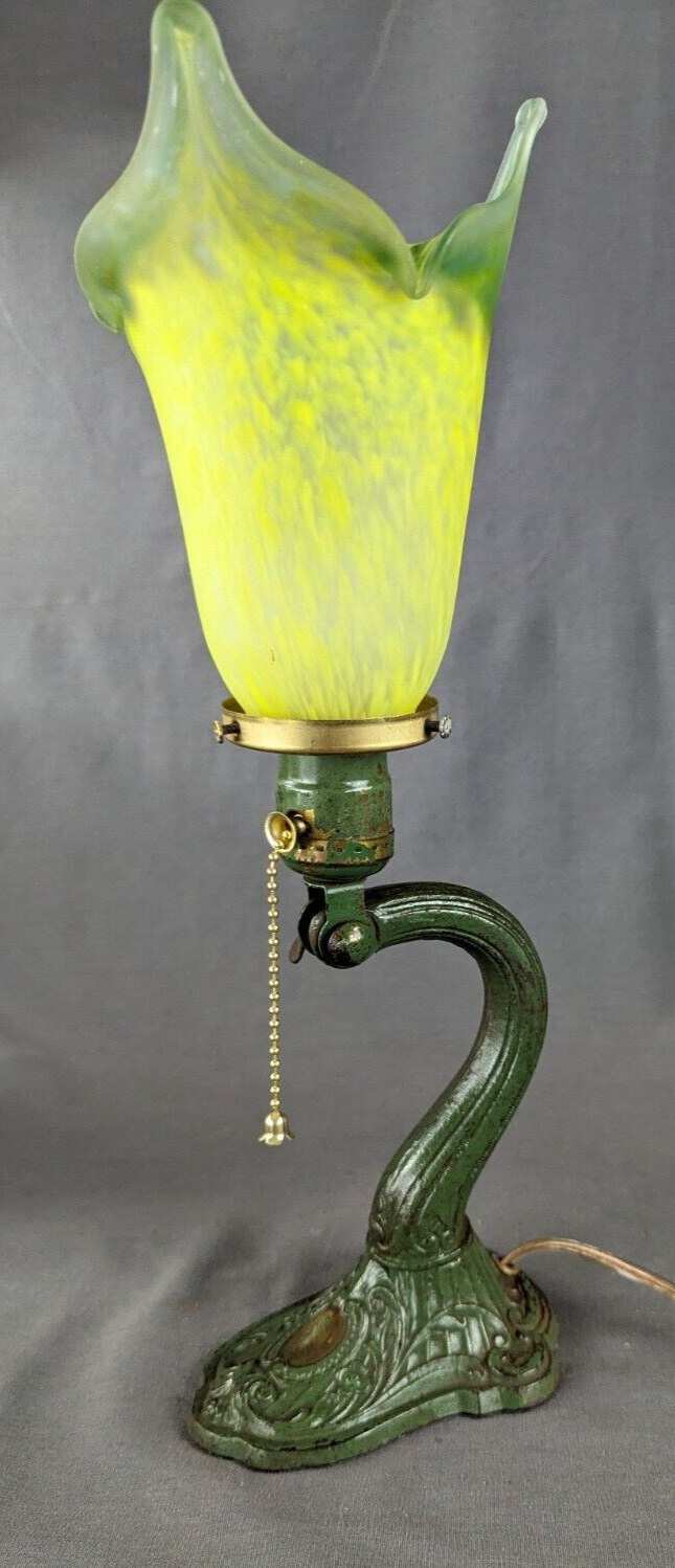 Small Antique Table Lamp Rewired With Yellow and Green Pate de Verre Glass Shade