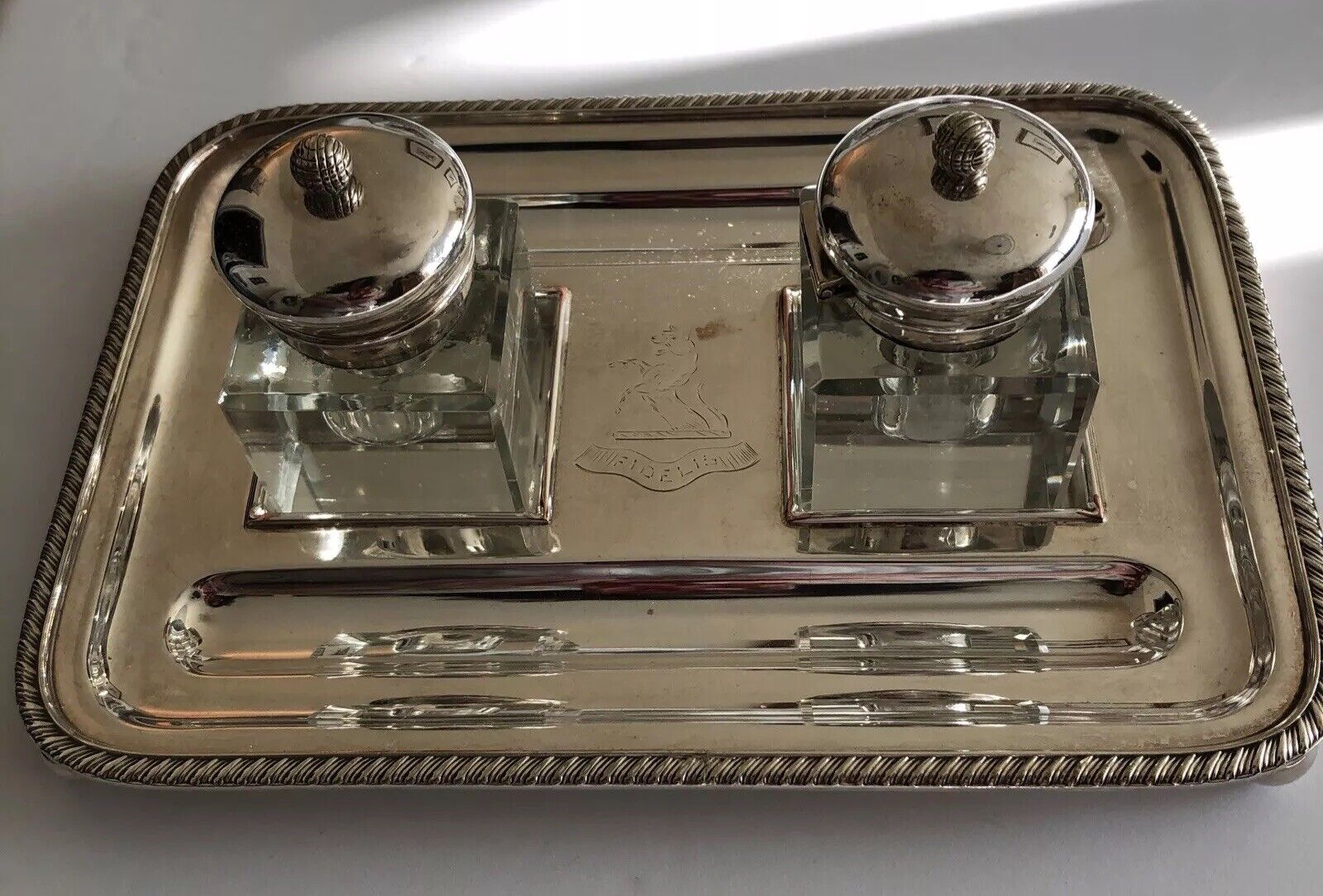 Crystal Double Inkwell & Silver Plated Footed Two Pen Tray Made In England EUC